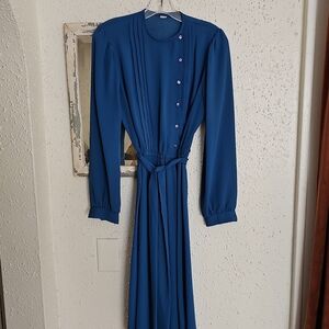 Vintage Teal Blue Long Sleeve Button Front Dress With Belt Size 10